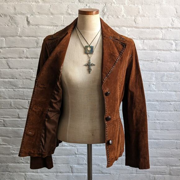 Y2K Brown Suede Leather Jacket Boho Western Minimalist Rust Biker Cowgirl Blazer - Picture 5 of 10